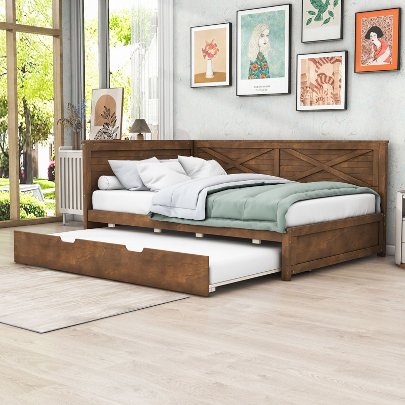 Twin Size Wood Daybed with Trundle Gracie Oaks Color Ancient Brown